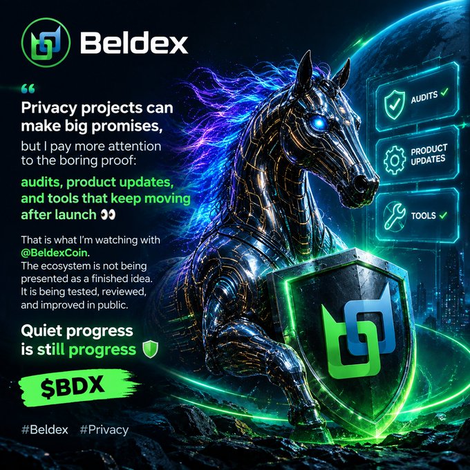 A promotional graphic for 'Beldex' featuring a glowing, mechanical black horse and shield logo, with text praising audits and product updates alongside tags like 'AUDITS ✓', 'PRODUCT UPDATES', 'TOOLS ✓', and the hashtag '#Beldex #Privacy'.