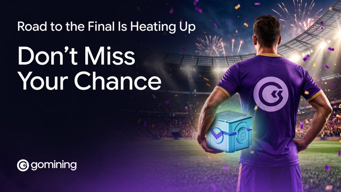 A soccer player in a purple GoMining jersey stands with his back turned in a stadium under celebratory fireworks, holding a glowing blue GoBox. The bold text reads "Road to the Final Is Heating Up — Don't Miss Your Chance," promoting the GoMining campaign's quarterfinal round where players earn tickets for 75 Diamond GoBoxes.
