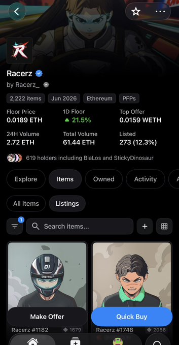 The image shows a mobile screenshot of the Racerz NFT collection page on OpenSea, displaying a floor price of 0.0189 ETH, 619 holders, and individual racing character NFTs (like Racerz #1182 and #1748). This relates to the post by highlighting a GTD (guaranteed) mint opportunity for the Racerz collection, directing followers to @bull_and_bean for access.