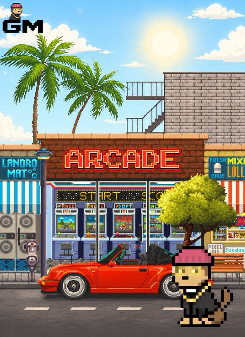 A pixel art style illustration of a street scene featuring a red convertible car parked in front of an 'ARCADE' building, with a small pixelated cat character wearing a pink hat in the foreground, and palm trees under a sunny sky with a 'GM' logo.