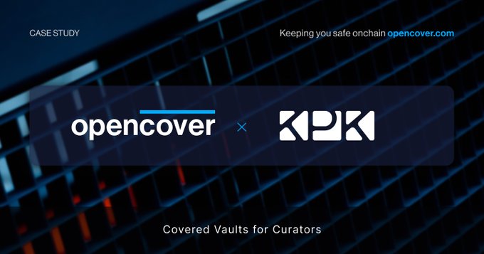 A digital graphic shows a partnership banner between 'opencover' and 'KOL' with the text 'CASE STUDY' in the top left, 'Keeping you safe onchain opencover.com' in the top right, and 'Covered Vaults for Curators' at the bottom, set against a dark blue background.