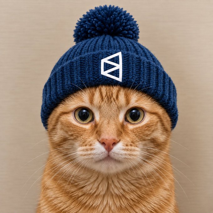 A close-up portrait of an orange tabby cat wearing a navy blue knit beanie with a pom-pom and a white logo resembling the Send (formerly Fantom) blockchain logo.
