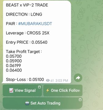 A cryptocurrency trading signal displays a BEAST x VIP-2 TRADE: LONG #MUBARAKUSDT with 25X cross leverage and specific entry, profit targets, and stop-loss prices.