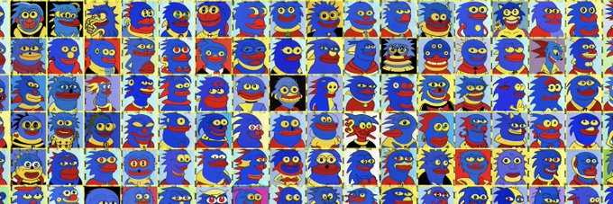 A repeating grid pattern of blue cartoon characters with wild hair and red noses arranged in multiple rows, likely AI-generated variations of the same character.