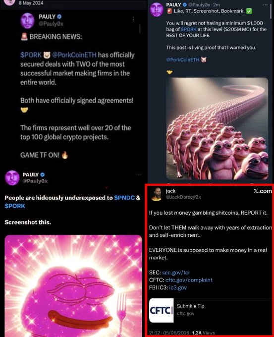 The image shows a collage of four posts, each with different information about a person named Jeremy Jacques Cahen. The posts are arranged vertically, with the topmost one being the most prominent. The first post is from a Twitter account called @Pauly0x and it contains a pink picture of a frog along with some text. The second post is from another Twitter account that has a pink background and features an image of a pink pig. The third post is from a different Twitter account, which also has a pink background and includes a pink picture of a pig. The fourth post is from the same Twitter account as the first one but with a different color scheme for the background. This post contains text that seems to be about a person named Jack Dorsey.