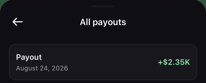 A mobile screen titled "All payouts" displays a single Payout entry dated August 24, 2026, showing earnings of **+$2.35K** in green, illustrating the steady profit accumulation referenced in the post about $REX and $ELIO.