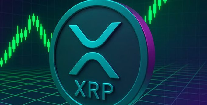A stylized teal and purple XRP coin is prominently displayed against a dark background featuring a green rising candlestick chart, symbolizing bullish market momentum. The image visually reinforces the post's message of $XRP reaching a new all-time high amid three converging bullish catalysts for crypto.