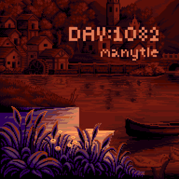 A pixel-art game screen with a sepia-toned medieval town and river scene, displaying text 'DAY:1082 manytle' with a boat on the water and plants in the foreground.