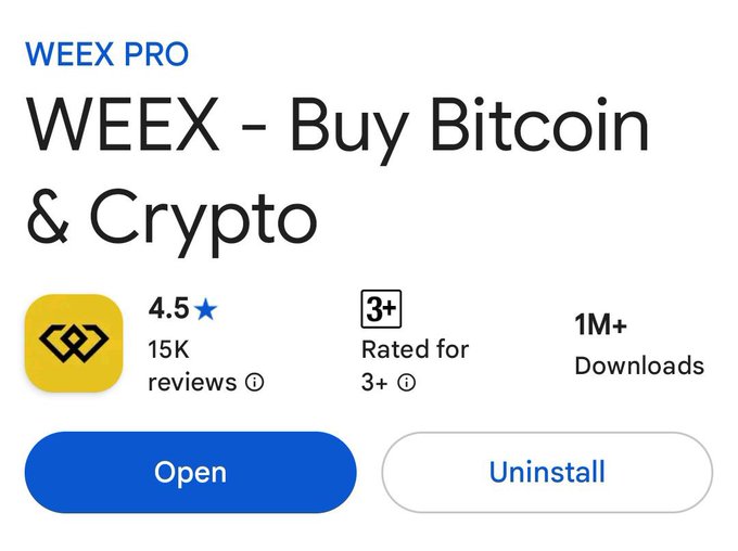 A Google Play Store listing for the WEEX app titled 'WEEX - Buy Bitcoin & Crypto', showing a 4.5 star rating, 15K reviews, and over 1M downloads.