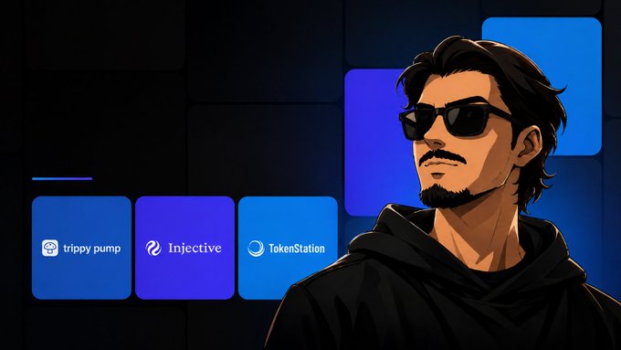 Stylized cartoon illustration of a man wearing sunglasses and a black hoodie, positioned next to blue tiles featuring logos for 'trippy.pump', 'Injective', and 'TokenStation'.