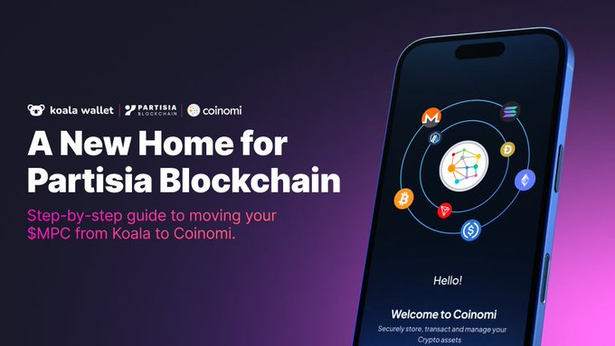A promotional graphic for Partisia Blockchain migration featuring 'A New Home for Partisia Blockchain' with a step-by-step guide to moving $MPC from Koala to Coinomi, showing a smartphone with cryptocurrency logos.