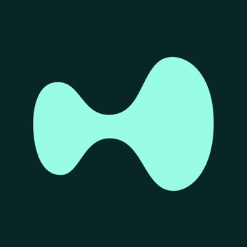 A simple mint green abstract logo resembling a bone or dumbbell shape on a dark background.