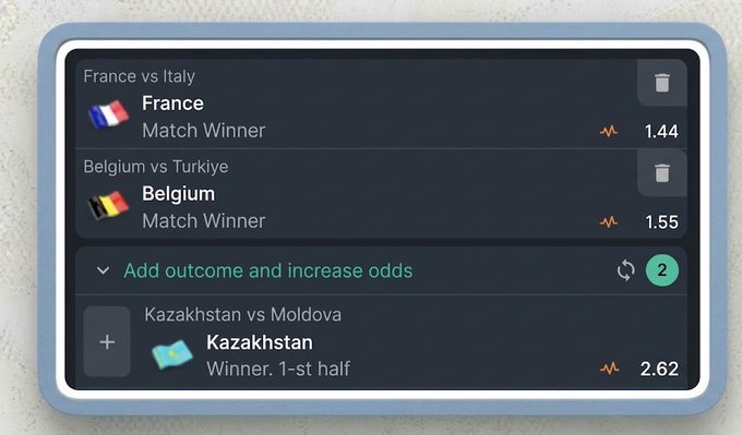 Sports betting slip showing odds for France vs Italy (France 1.44), Belgium vs Turkiye (Belgium 1.55), and Kazakhstan vs Moldova (Kazakhstan 2.62).