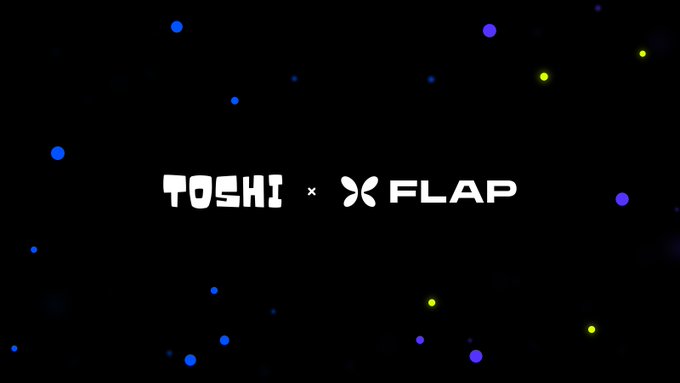 The image displays a collaboration graphic featuring the logos "TOSHI × FLAP" in white text against a dark background scattered with glowing blue, purple, and yellow dots, symbolizing the merger and partnership between ToshiMart and Flap on the Base network. The "x" between the logos visually reinforces the unification of both launchpad brands as announced in the post.