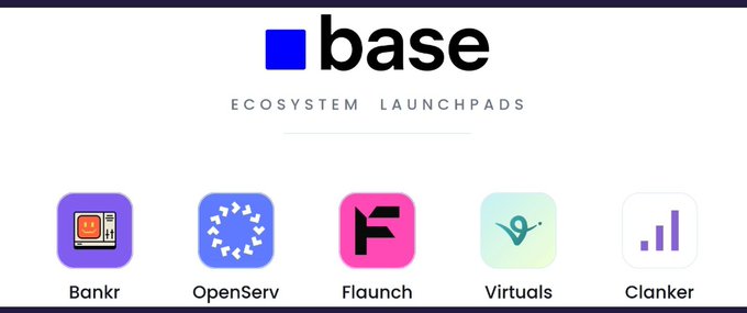 The image shows a banner with five different app icons displayed below it. The first icon is for an app called "Clanker", followed by an app named "Bankr" and another app called "Virtuals". The last two icons are for an app named "Farcaster crowd" and an app named "OpenServ". These apps seem to be related to token launches, as indicated in the caption.