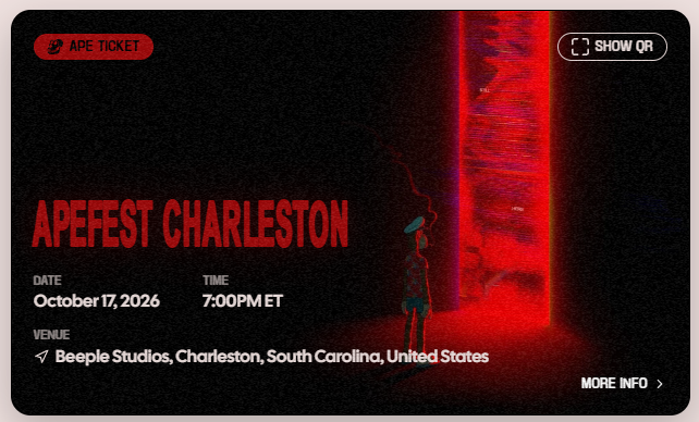 An "APEFEST CHARLESTON" event ticket graphic showing the date "October 17, 2026" at 7:00PM ET, with the venue listed as "Beeple Studios, Charleston, South Carolina, United States".
