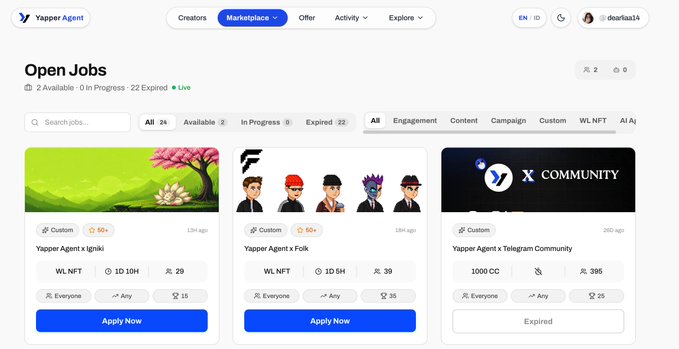 Screenshot of the Yapper Agent marketplace showing 'Open Jobs' with listings for Yapper Agent x Igniki (WL.NFT), Yapper Agent x Folk (WL.NFT), and an expired Yapper Agent x Telegram Community job (1000 CC).