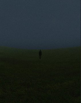 A lone figure stands in a dark, fog-shrouded field under a deep blue night sky, evoking the mysterious and atmospheric mood of the "Lost Horizon" NFT piece, which sold for 0.005 ETH and was minted on 8/27.