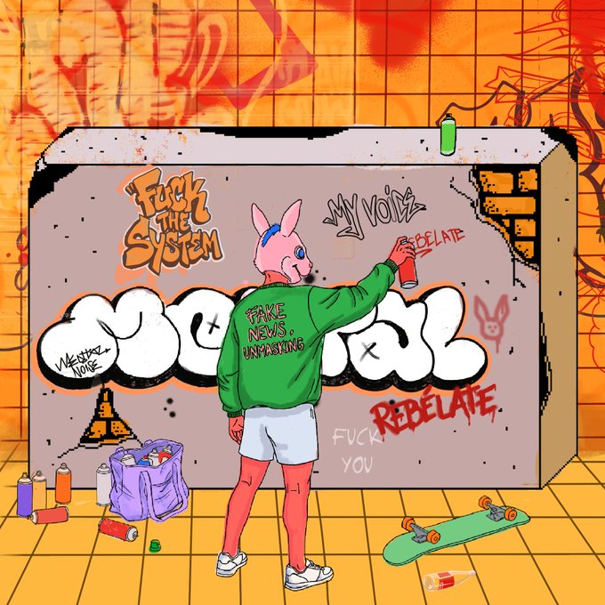 A colorful digital illustration of a person in a pink bunny mask and a green sweatshirt reading "FAKE NEWS UNMASKING" spray painting graffiti that says "Fuck THE SYSTEM" and "REBELATE" on a concrete wall.