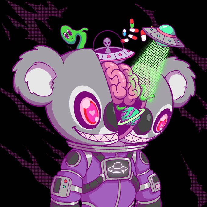 A cartoon koala in a purple astronaut suit with a UFO abducting its exposed brain, matching the surreal KludzNFT collection being given away.