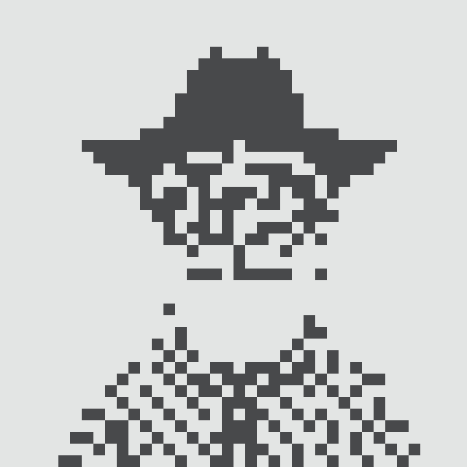 A black and white pixel art image depicting a figure wearing a wide-brimmed hat above another figure, rendered in a retro 8-bit style.