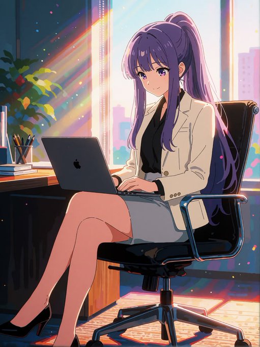 An anime-style illustration of a woman with long purple hair in a ponytail, wearing a white blazer and gray skirt, sitting at an office desk and typing on a dark Apple laptop with a city view behind her.