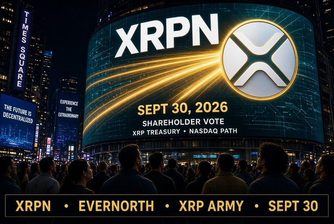 A large billboard displays 'XRPN' with text 'SEPT 30, 2026 SHAREHOLDER VOTE XRP TREASURY • NASDAQ PATH', while a banner below reads 'XRPN • EVERNORTH • XRP ARMY • SEPT 30'.