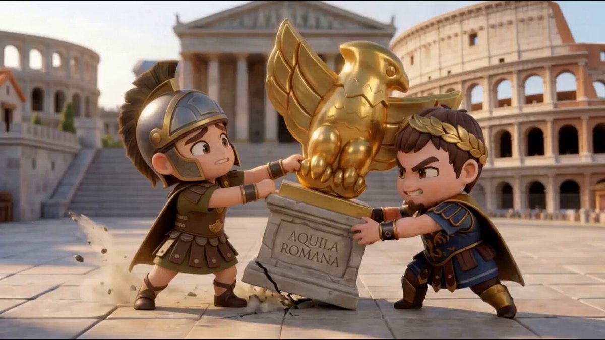 The image shows two cartoon characters, one dressed as a Roman soldier holding a golden eagle statue while another character dressed in blue is lifting up an old stone monument in Rome's Forum. A sign with Roman inscriptions such as "Aquila Romana" is also visible in the scene, providing historical context to the ongoing battle between the two characters. The backdrop depicts a cityscape and architectural features from the ancient Roman Empire. The post on Web3 Pocket Legion describes this scene as an illustration of Web3 Pocket Legends: "Aquila Romana" and "NFTs that".