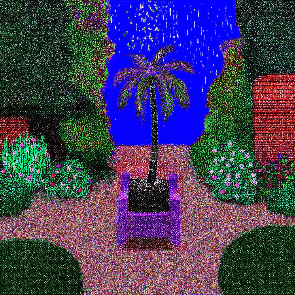 The image features a painting of an outdoor scene with a palm tree, flowers, and a chair. The painting has a blue background that contrasts with the green foliage surrounding it. There are also purple elements present in the artwork. The post includes text that reads "sun is shining, the weather is sweet" and "proofofpalm #proofofpalm2026 objkt.com/tokens/KT1HNcu ...". This post seems to be promoting an event or a piece of art, as it has been tagged with multiple relevant tags.