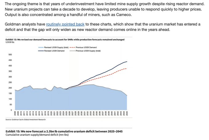 A Goldman Sachs chart from Exhibit 13 projects a widening uranium supply/demand gap through 2045, with demand (revised upward to account for SMRs) reaching ~450M lbs while supply declines to ~150M lbs, supporting the bullish sentiment in the post "Yellow bulls unite. It's our time now." by highlighting an expected 2.3 billion lb cumulative deficit between 2025-2045.