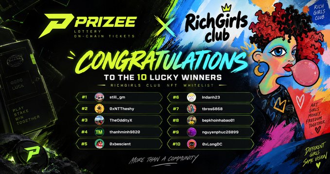 A promotional graphic congratulating 10 lucky winners of the RichGirls Club NFT Whitelist by Prizee Lottery On-Chain Tickets, listing usernames like still_gm, 0xNFThesky, and Indanh23.