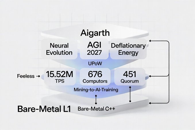 A diagram showing the 'Aigarth' ecosystem with AGI 2027, Neural Evolution, and Deflationary Energy, built on Bare-Metal L1 with 15.52M TPS, 676 Computors, and 451 Quorum via Feeless UPoW mining-to-AI-training using Bare-Metal C++.