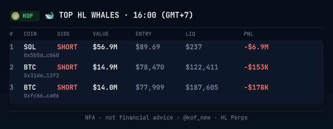 Crypto trading table showing 'TOP HL WHALES · 16:00 (GMT+7)' with three short positions: SOL (-$6.9M loss), BTC (-$153K loss), and BTC (-$178K loss).