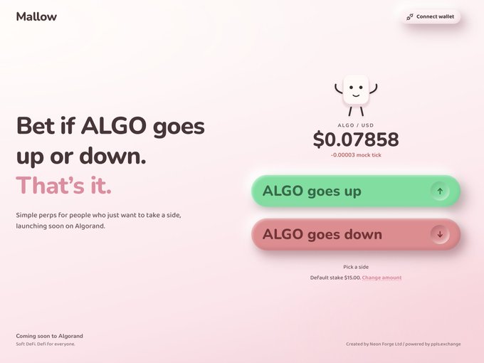 Landing page for 'Mallow' showing ALGO/USD priced at $0.07858, with the tagline 'Bet if ALGO goes up or down. That's it.' and buttons for 'ALGO goes up' and 'ALGO goes down'.