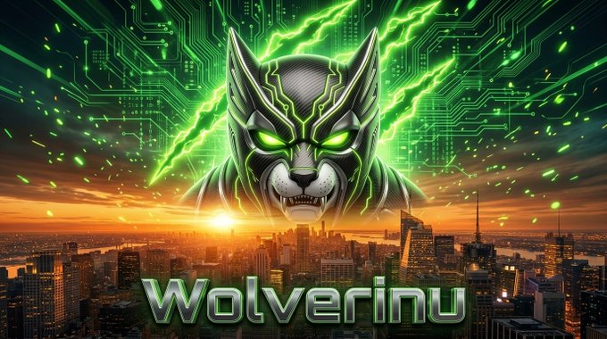 A digital artwork featuring a fierce cybernetic wolf with glowing green eyes and lightning bolts, set against a circuit board sky over a city skyline at sunset, with "Wolverinu" displayed prominently below. The futuristic, high-energy imagery visually reinforces the newly launched Wolverinu token on Robinhood Chain, aligning with the post's announcement of its rapid adoption.