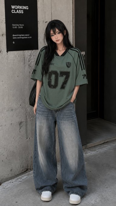A young woman in a dark green '07' jersey shirt and baggy jeans posing in front of a 'WORKING CLASS' store with operating hours 12:00-20:00.