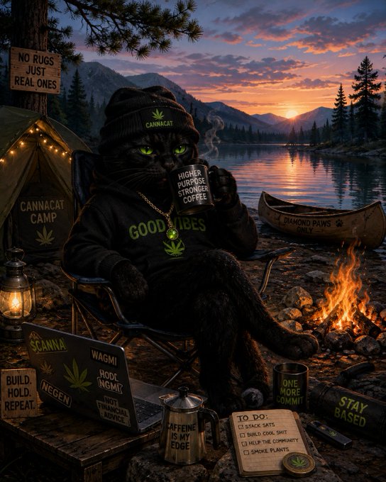A detailed AI-generated illustration of a black cat dressed in cannabis-themed 'Cannacat Camp' streetwear, sitting by a campfire and lake at sunset, drinking coffee, surrounded by items like a laptop, lantern, and signs reading 'NO RUGS JUST REAL ONES' and 'WAGMI'.