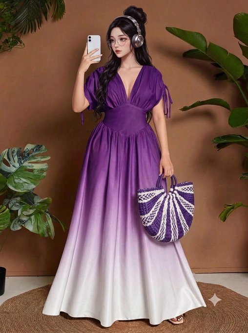 A model wearing a purple-to-white ombre maxi dress, taking a mirror selfie with a phone, holding a matching purple and white woven bag, and wearing headphones.