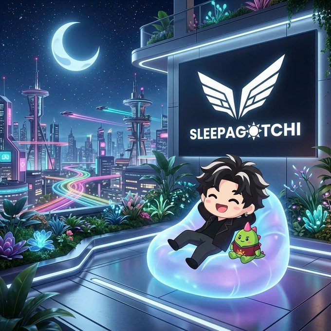 A chibi-style character with black and white hair lounges on a glowing bean bag chair with a small green creature, set against a futuristic neon cityscape at night. A sign displays 'SLEEPAGOCHI' with winged logo.