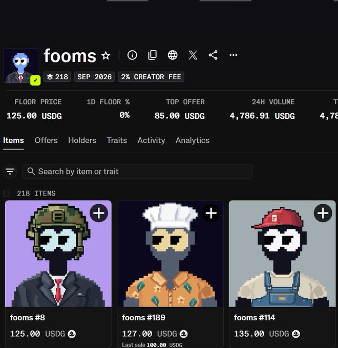 A screenshot of an NFT marketplace listing for the 'fooms' collection (218 items), displaying a floor price of 125.00 USDG, 2% creator fee, and three sample pixel-art character NFTs including 'fooms #8', 'fooms #189', and 'fooms #114'.