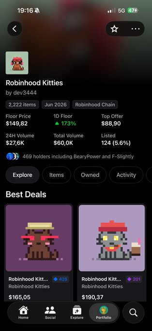 A mobile app screenshot displays the 'Robinhood Kitties' NFT collection by dev3444, showing 2,222 items with a floor price of $149.82 and featuring pixel art cat avatars as best deals.