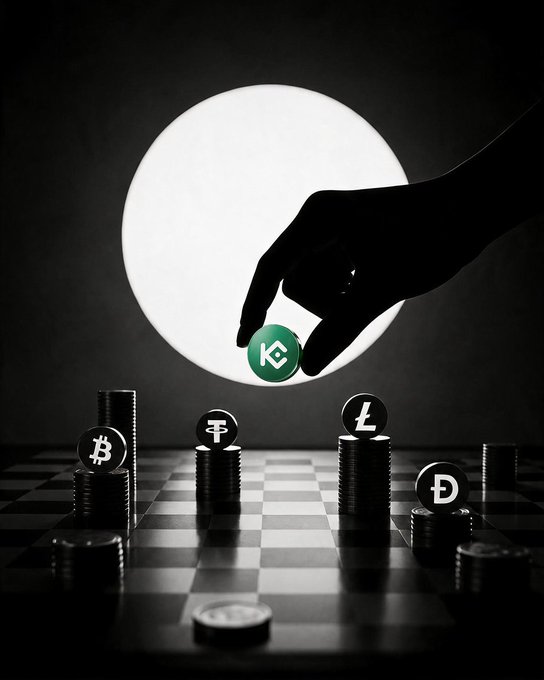 A silhouetted hand places a green KuCoin (K) coin onto a chessboard alongside stacked Bitcoin (B), Tether (T), Litecoin (L), and Dogecoin (D) pieces against a glowing full moon backdrop, illustrating the "winning move" highlighted in green.