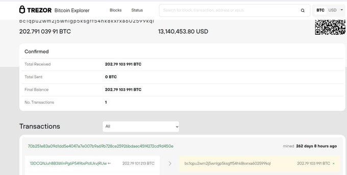 A screenshot of the Trezor Bitcoin Explorer displays a wallet address (bc1qpu2wmzjpwnigpqxsgff54nkexxrx8auz9vykqi) holding a "Final Balance" of 202.79103 991 BTC, equivalent to approximately 13,140,453.80 USD. The image supports the post by showing proof of a long-dormant 2016 wallet that had not been forgotten about, containing over 202 BTC worth over $13 million at the current exchange rate.