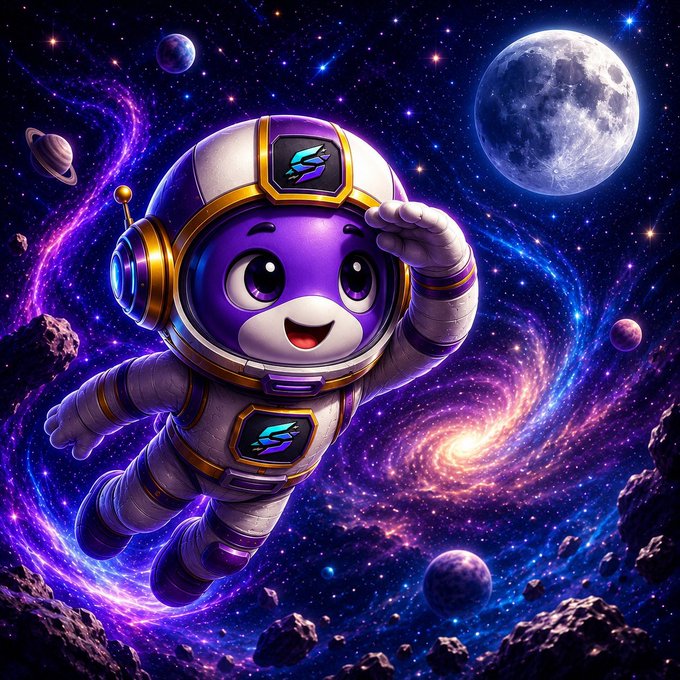 A vibrant digital artwork featuring a cute purple bear character wearing a white and gold astronaut suit, floating in a colorful space scene with galaxies, planets, and a large moon.
