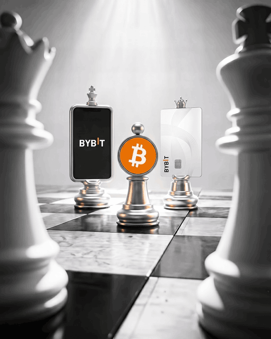 In the image, there are three chess pieces positioned on a black and white checkered floor. One of these pieces features the word "Bybit" written on it. The other two pieces have no text or logos on them. The positioning of the chess pieces suggests that they might be part of a game or a strategic display related to the concept of cryptocurrency, as indicated by the post in the image.