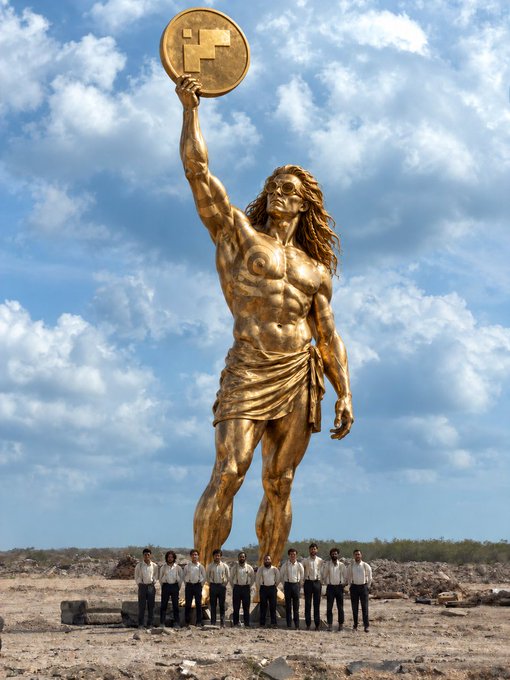 A colossal golden statue of a muscular man holding up a large coin stands in a desolate landscape under a cloudy sky, with a group of nine men in white shirts and dark pants lined up at its feet.
