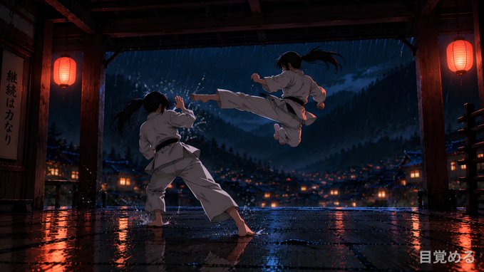 Two martial artists in white gi spar in the rain on a wet wooden platform, one leaping in a flying kick while the other braces with raised hands, framed by glowing red paper lanterns and Japanese characters reading "継続は力なり" (persistence is strength) and "目覚める" (awakening).

The image reflects the post's theme by visually embodying the Azura Jujutsu philosophy: the dynamic combat between practitioners mirrors the idea that growth comes through shared struggle and the passing down of knowledge, while the rain-soaked setting and "persistence is strength" banner reinforce the discipline required when "knowledge starts moving" between people rather than staying isolated.