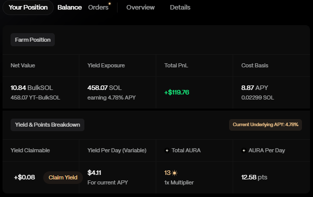 A 'Your Position' dashboard showing a farm position with '10.84 BulkSOL', '458.07 SOL' yield exposure, and a total PnL of '+$119.76'.