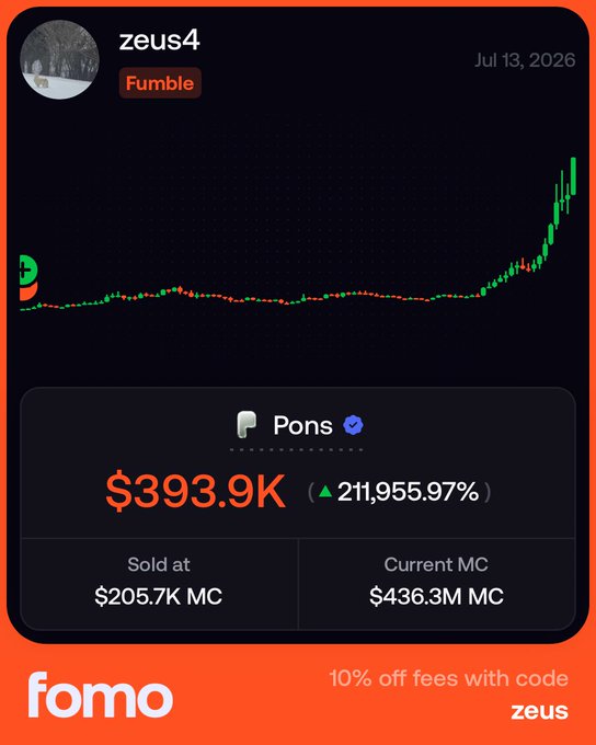A cryptocurrency trading interface from 'fomo' shows a chart for 'zeus4' token 'Pons' valued at $393.9K with a 211,955.97% increase, dated Jul 13, 2026.