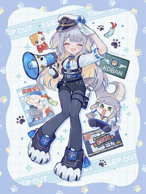 An anime-style girl with long gray hair, dressed in a police-like uniform, salutes while holding a megaphone, surrounded by Shiba Inu-themed stickers including one labeled "KOBAN" and Japanese text "交通安全" (traffic safety). The post's #Shiba Bookmark reference relates to the cute Shiba Inu characters decorating the scene.